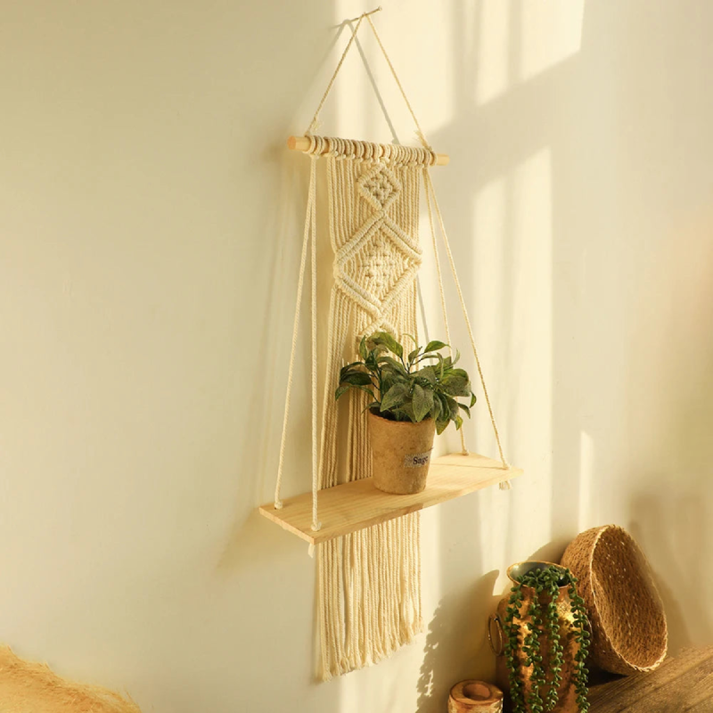 Macrame Shelf Hanging Wall Boho Inspired Floating Wall Shelf For Plants and Home Decor