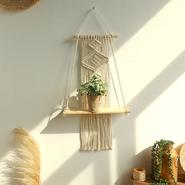 Macrame Shelf Hanging Wall Boho Inspired Floating Wall Shelf For Plants and Home Decor