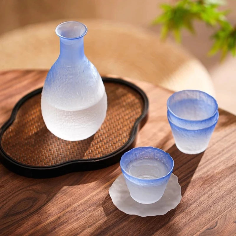 Textured frosted glass sake set in ombre blue