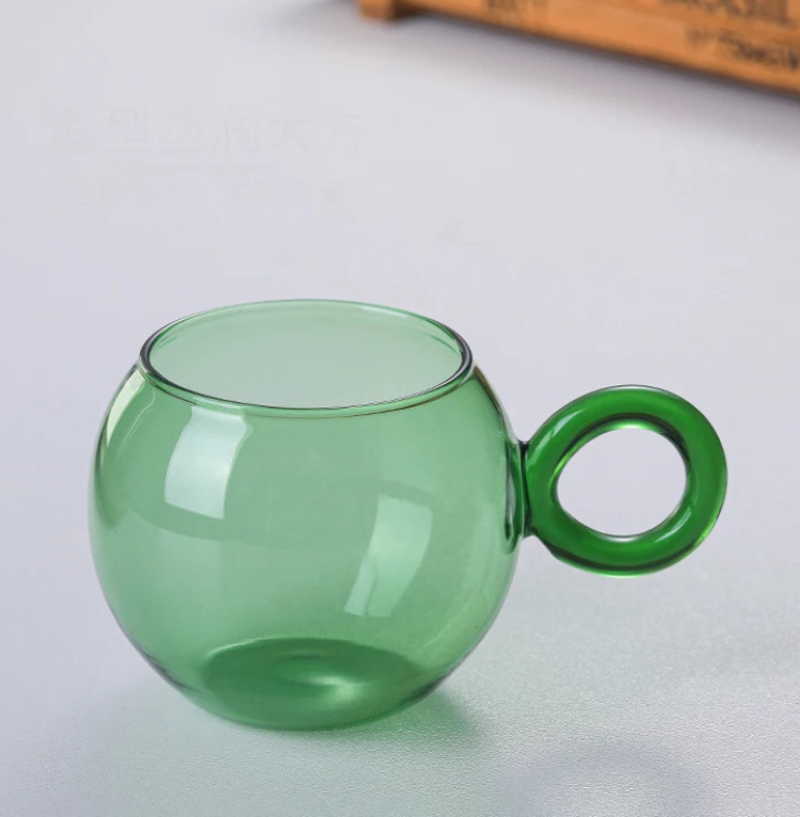 Orbit ring glass mug rounded glass cup with ring handle stackable coffee tea glass cups