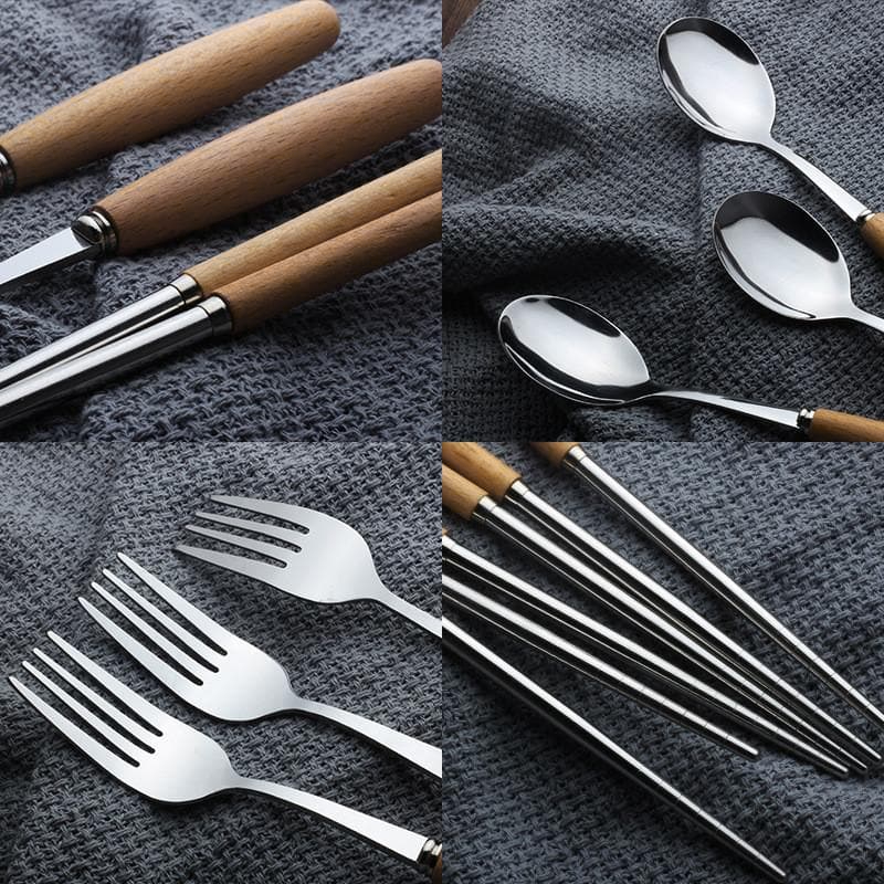 Silver Stainless Steel Flatware with Dark Wood Handle 5pc set