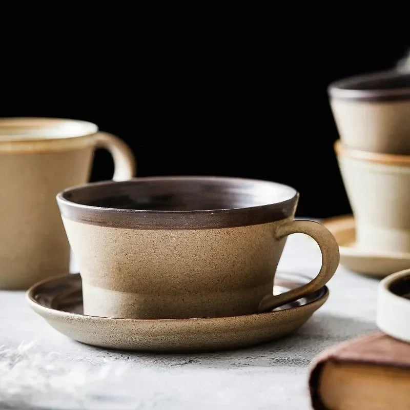 Retro Pottery Coffee Cup Set Handcrafted ceramic coffee cup with saucer in rustic earth tones