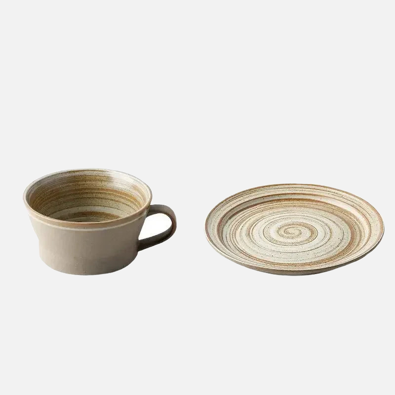 Retro Pottery Coffee Cup Set Handcrafted ceramic coffee cup with saucer in rustic earth tones