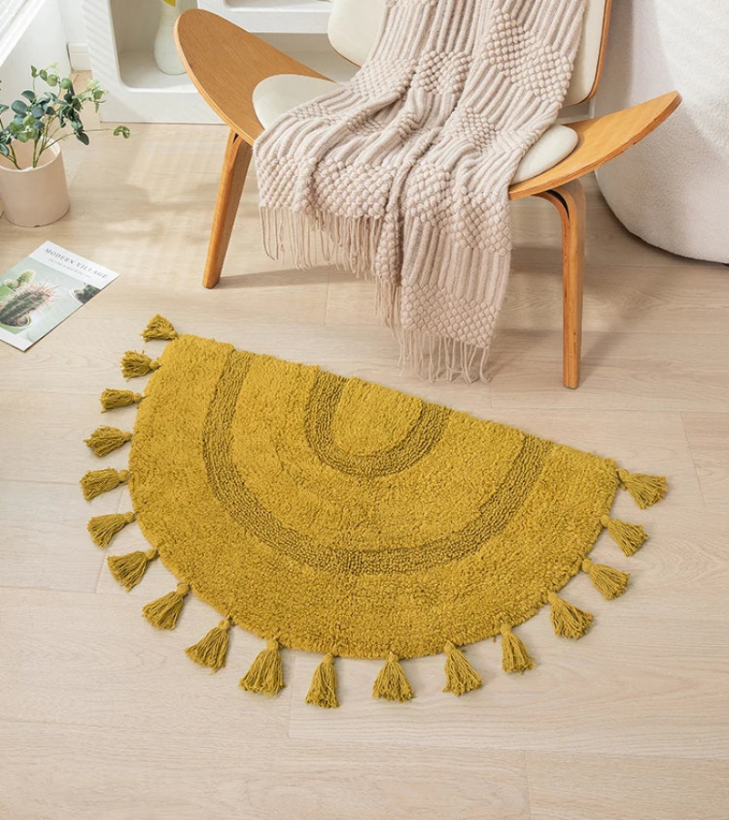 sunburst semi circle rug with tassels handwoven plush boho rug