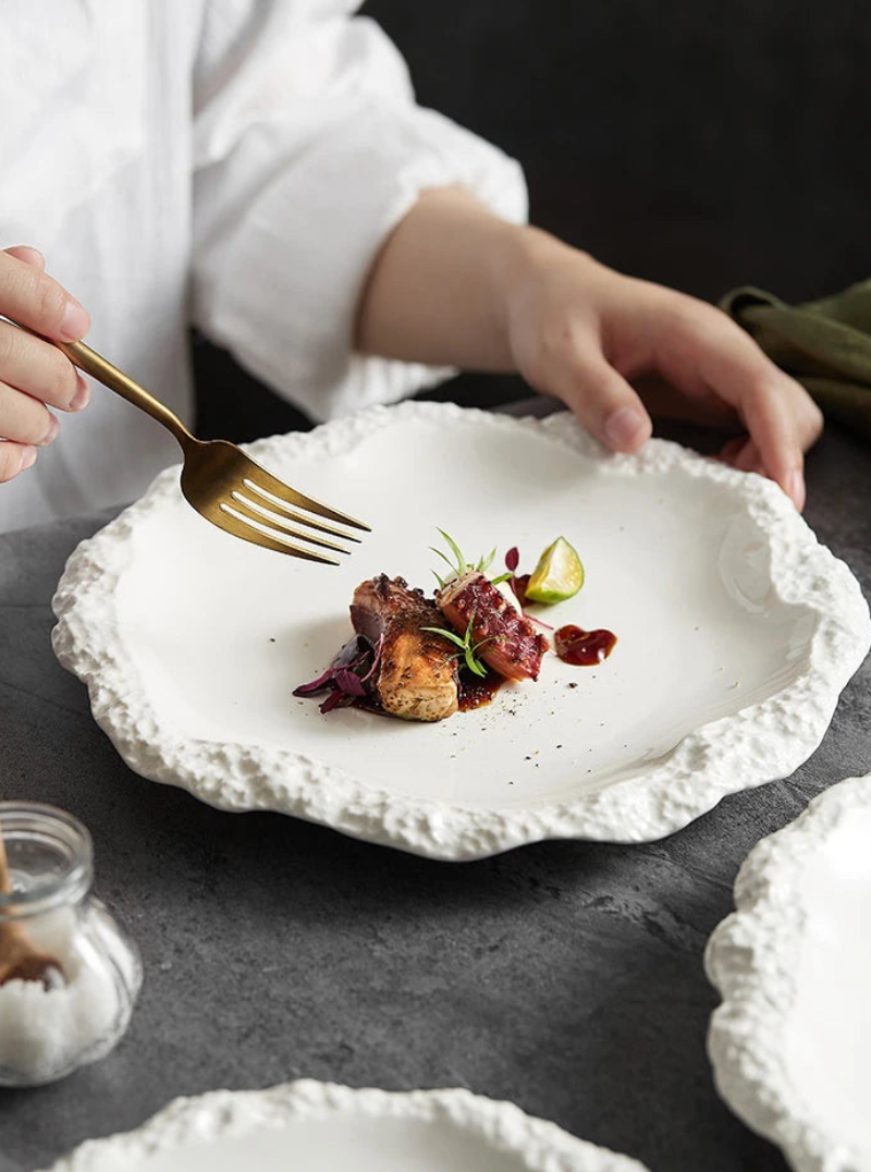 Irregular-shaped Ceramic Pasta Steak Plate with textured wavy edges in matte finish