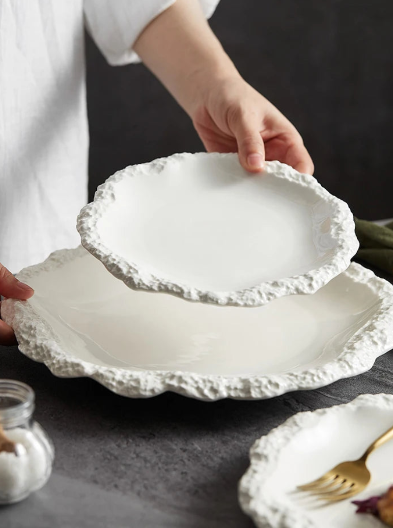 Irregular-shaped Ceramic Pasta Steak Plate with textured wavy edges in matte finish