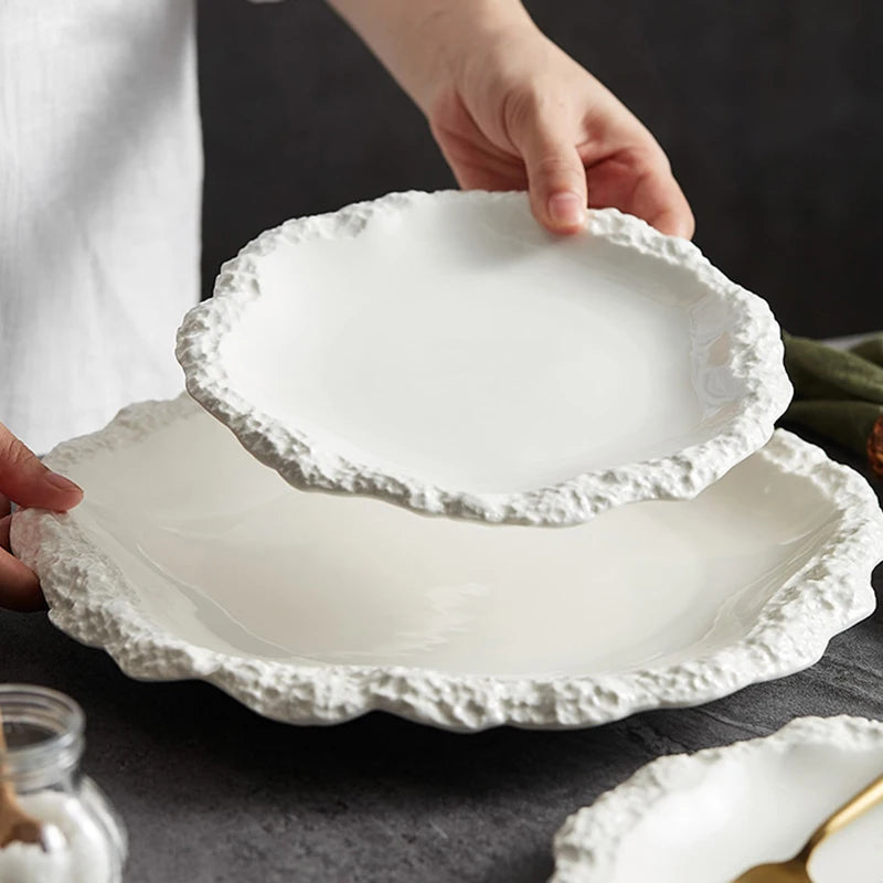 Irregular-shaped Ceramic Pasta Steak Plate with textured wavy edges in matte finish