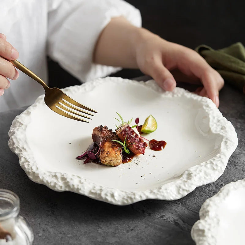 Irregular-shaped Ceramic Pasta Steak Plate with textured wavy edges in matte finish