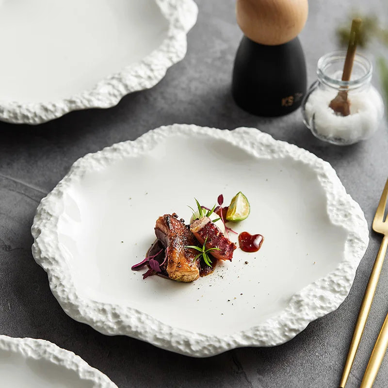 Irregular-shaped Ceramic Pasta Steak Plate with textured wavy edges in matte finish