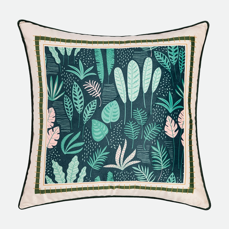 Velvet Cushion Leaves Pillow Cover Rainforest Green Leaves