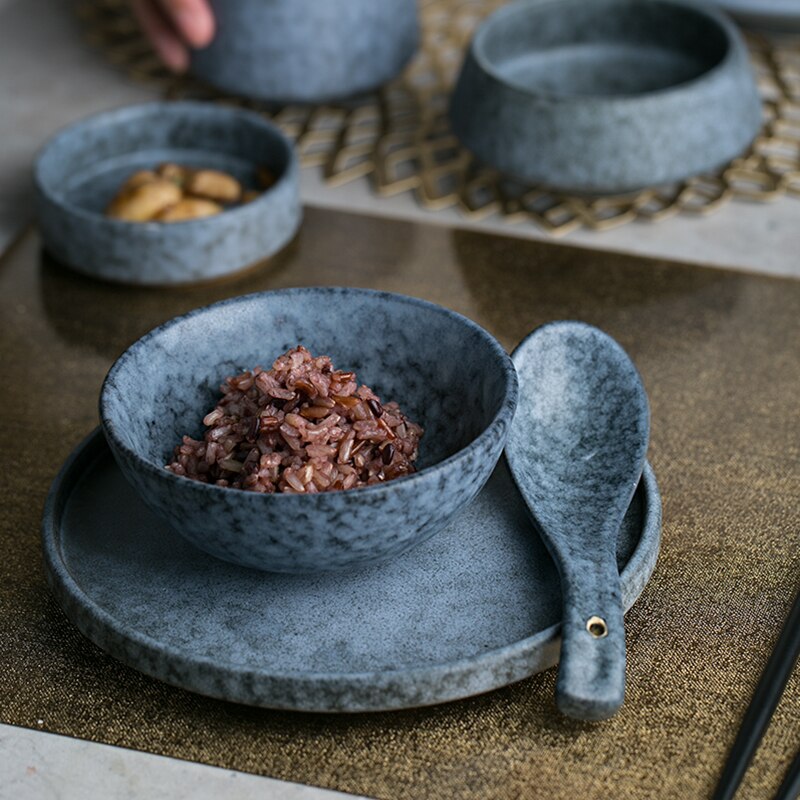 round ceramic ashy gray dinner bowl plate spoon