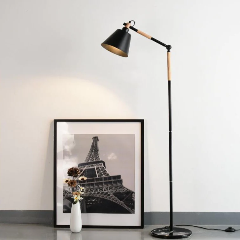 cone wooden iron black floor lamp