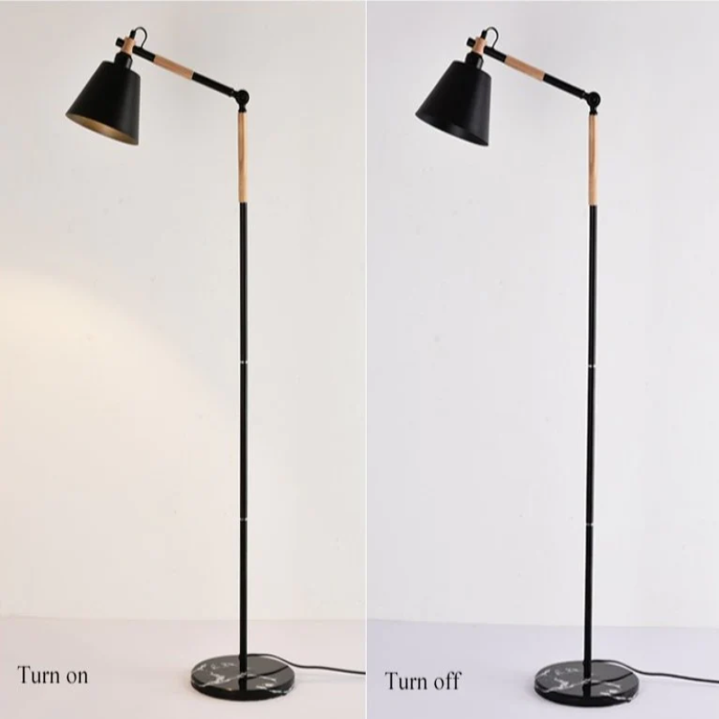 cone wooden iron black floor lamp