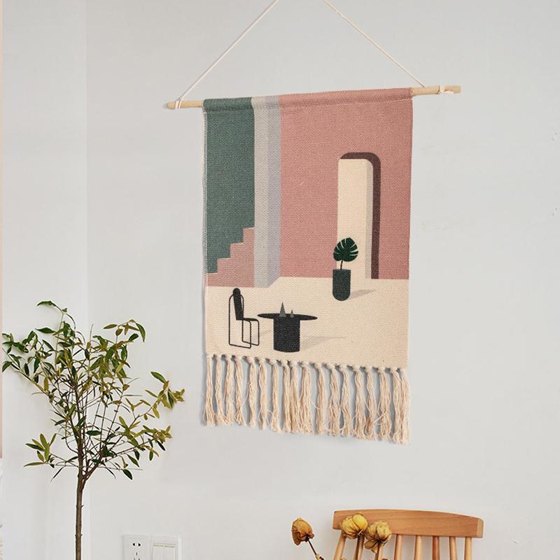 Wall Hanging tapestry with geometric designs, made of Woven cotton with tassel fringe and wooden hanging dowel