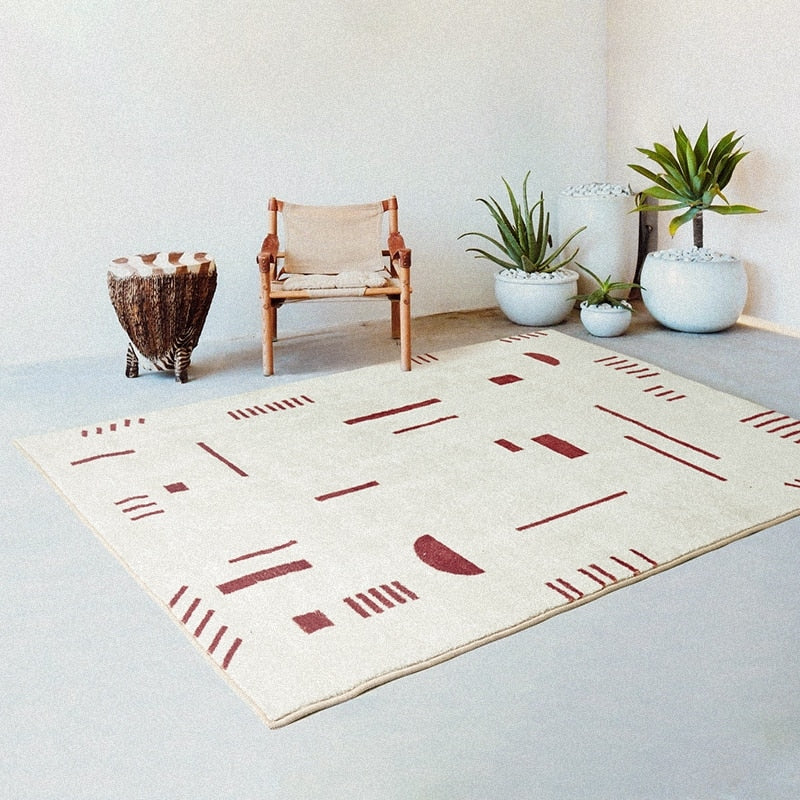 Persian Style Soft Geometric Area Rug Modern Minimalistic Ivory Red