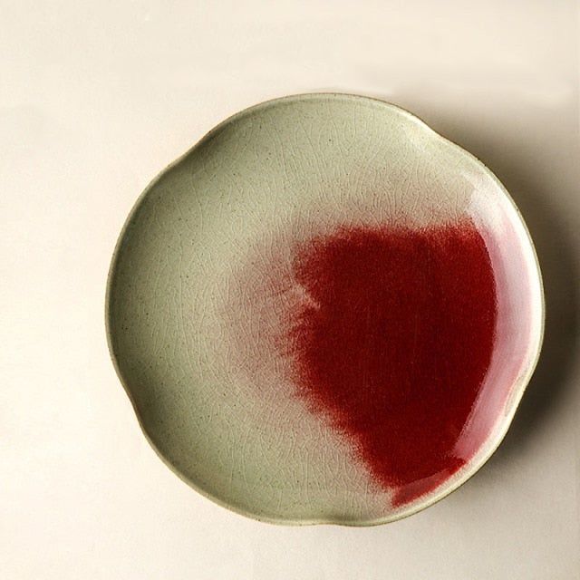 Japanese Style Handmade Ceramic Red Dye-Stained Petal-Shaped Plate