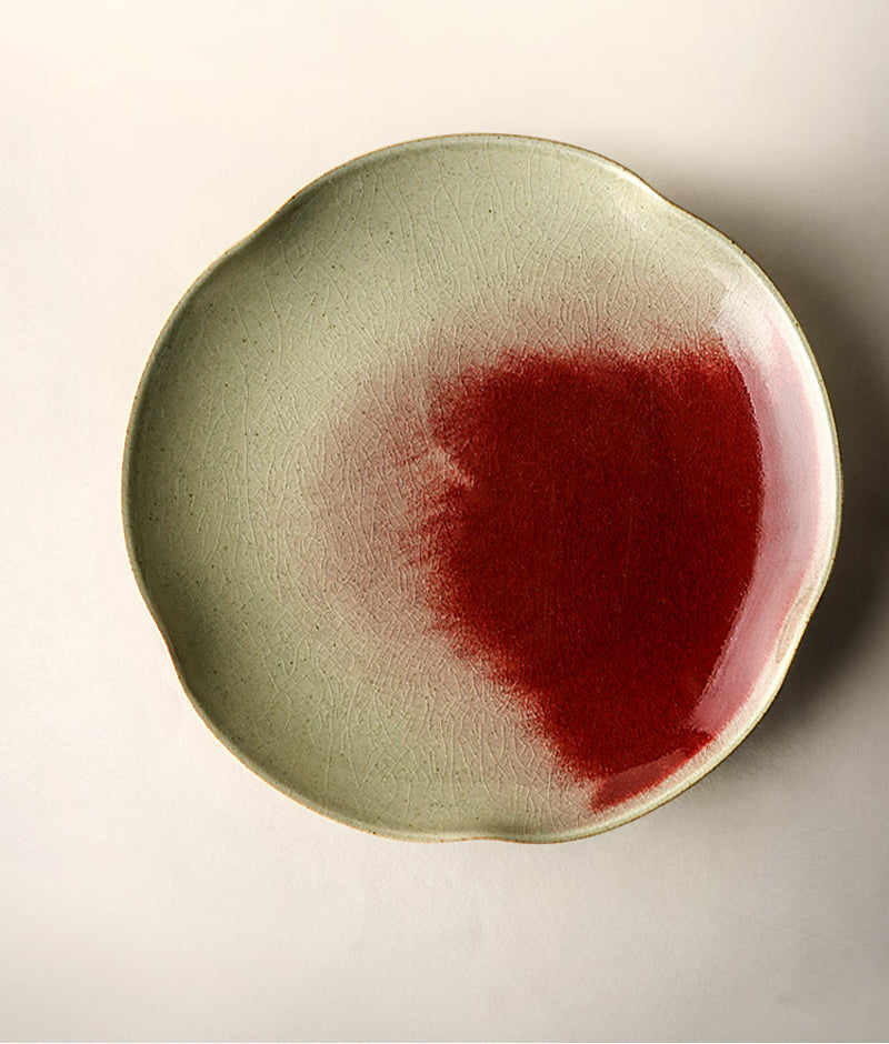 Japanese Style Handmade Ceramic Red Dye-Stained Petal-Shaped Plate Bowl