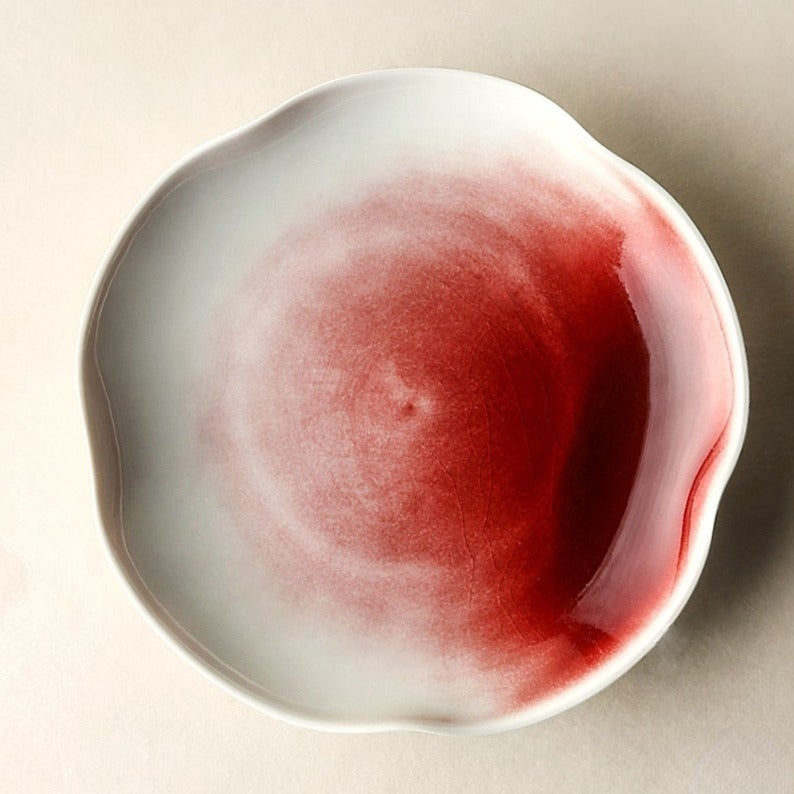 Japanese Style Handmade Ceramic Red Dye-Stained Petal-Shaped Plate