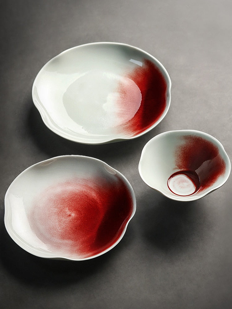 Japanese Style Handmade Ceramic Red Dye-Stained Petal-Shaped Plate Bowl