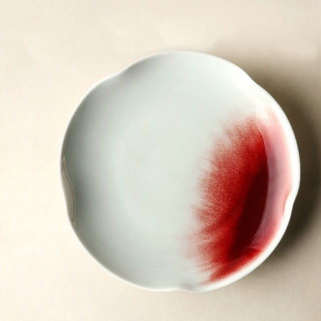 Japanese Style Handmade Ceramic Red Dye-Stained Petal-Shaped Plate