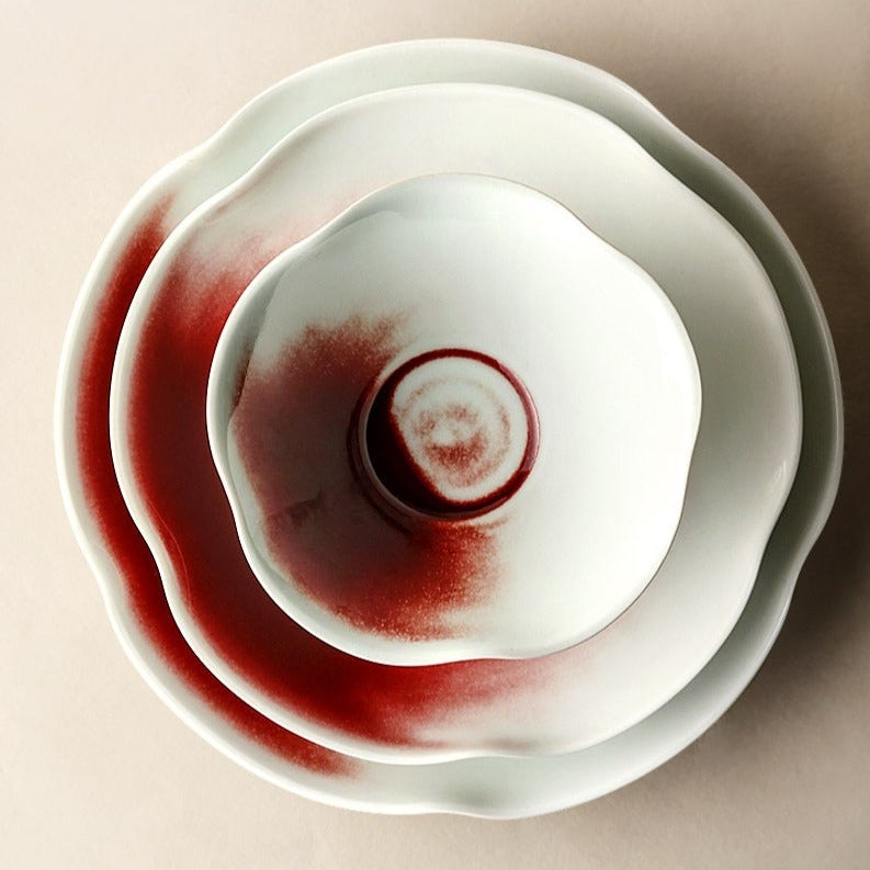 Japanese Style Handmade Ceramic Red Dye-Stained Petal-Shaped Plate Bowl