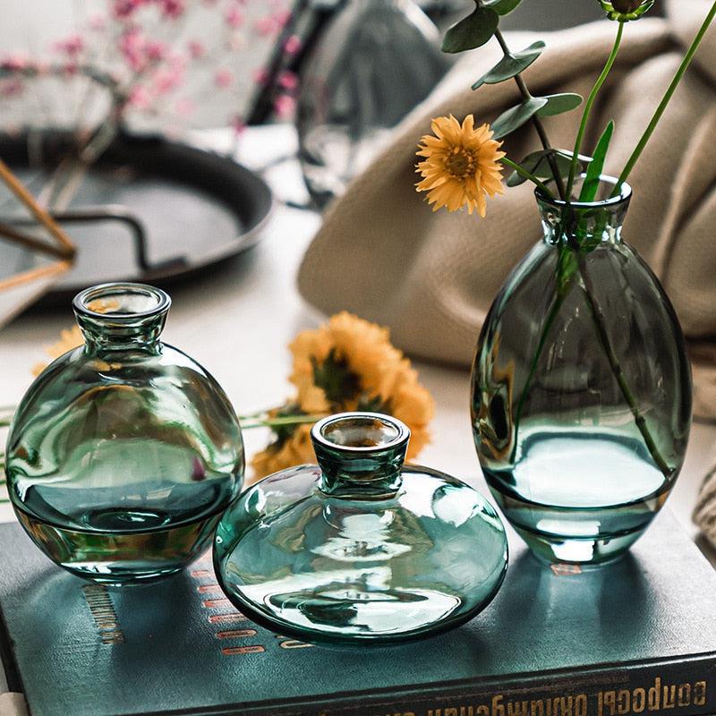 cylinder round tinted glass green black table top vase