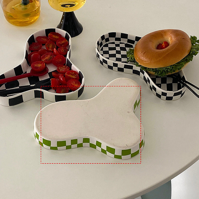 spiral round edge black white green checkered ceramic dessert plate