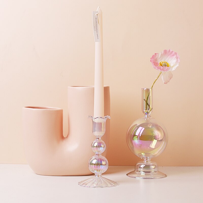 Clear Rainbow Iridescent Blown Glass Candle Holder