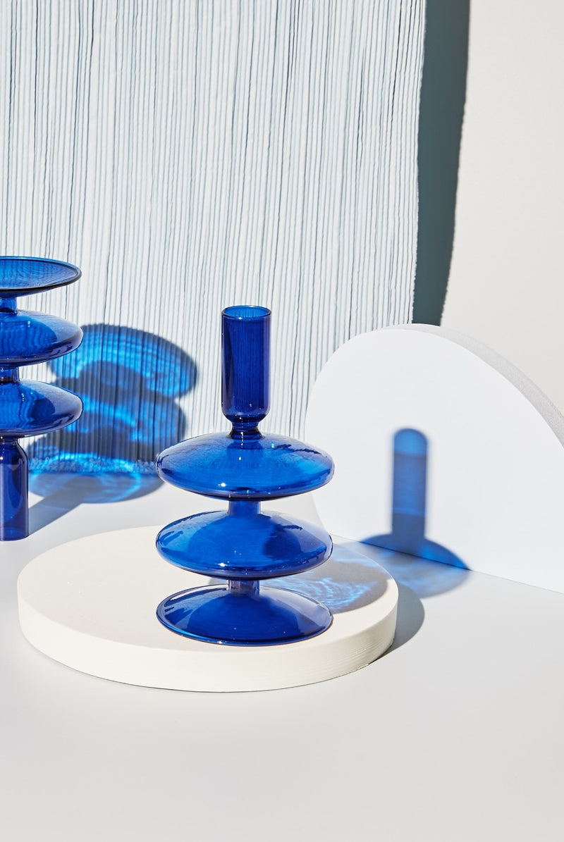 cylinder abstract cobalt blue blown glass candle holder