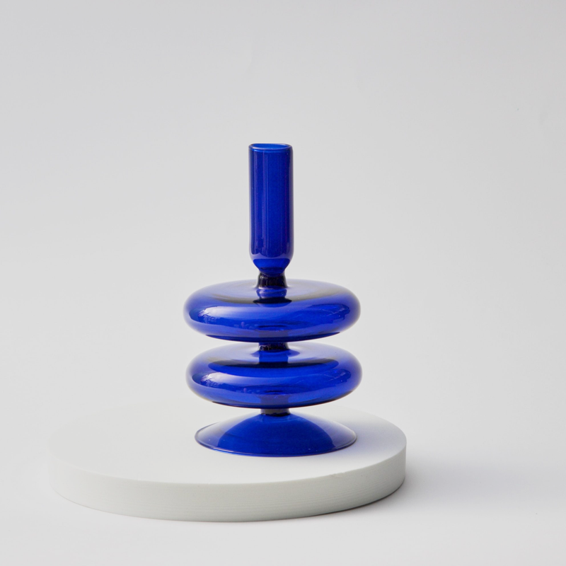 cylinder abstract cobalt blue blown glass candle holder