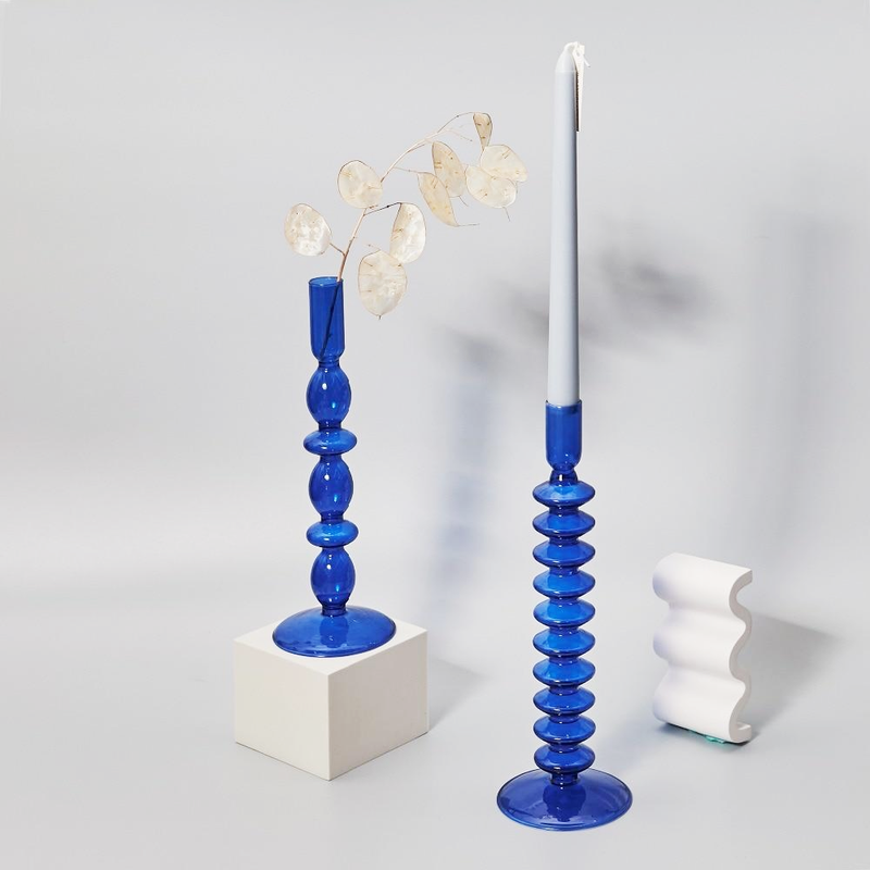 cylinder abstract cobalt blue blown glass candle holder