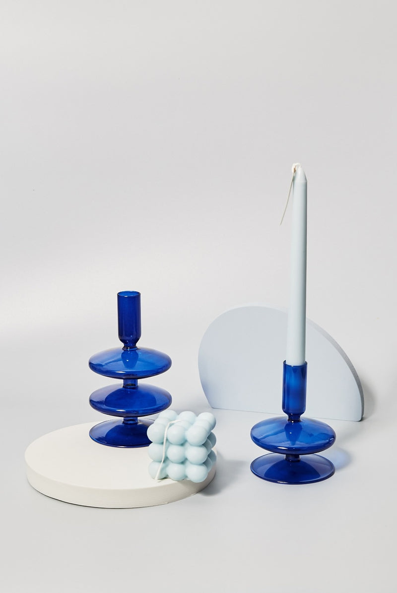 cylinder abstract cobalt blue blown glass candle holder