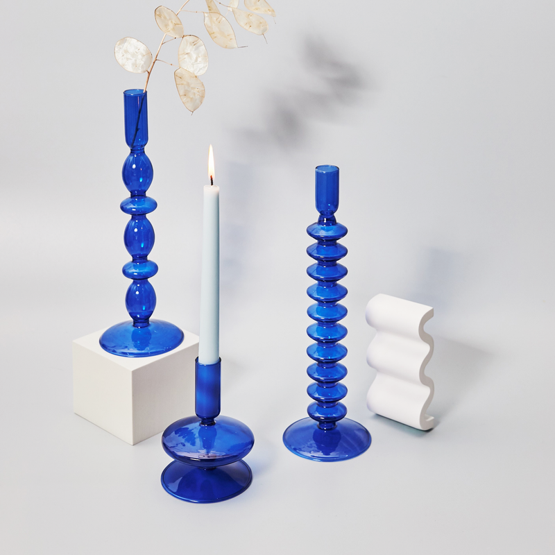 cylinder abstract cobalt blue blown glass candle holder