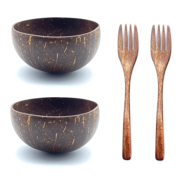 Round Brown Coconut Bowls Forks Set