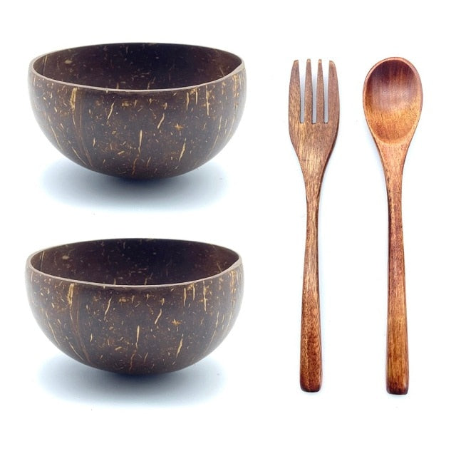 Round Brown Coconut Bowl Spoon Fork Set