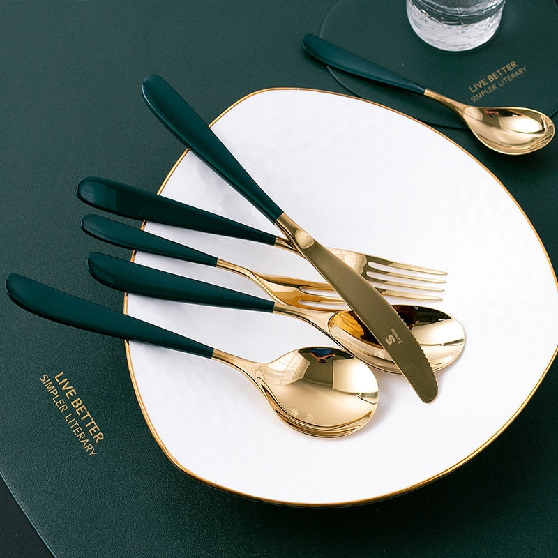 stainless steel gold and dark green mirror finish cutlery set