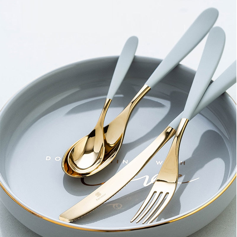 stainless steel gold and powder blue tone mirror finish cutlery set