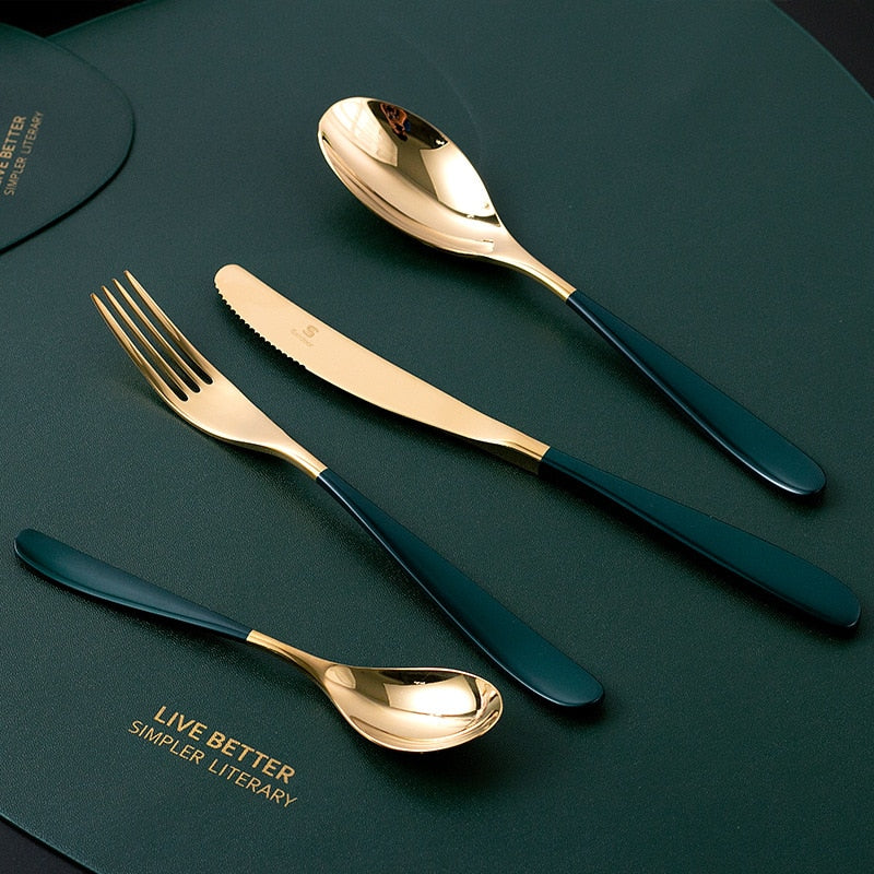 stainless steel gold and dark green tone mirror finish cutlery set