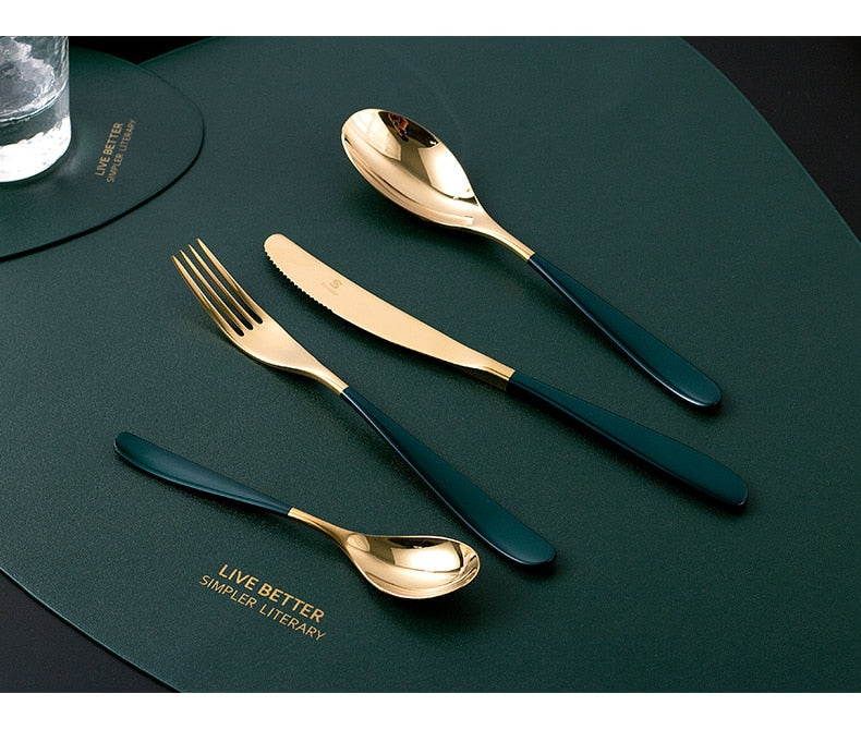 stainless steel gold and dark green mirror finish cutlery set