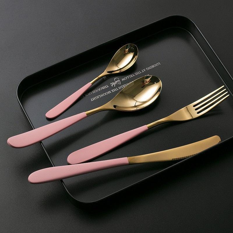 stainless steel gold and  pink tone mirror finish cutlery set