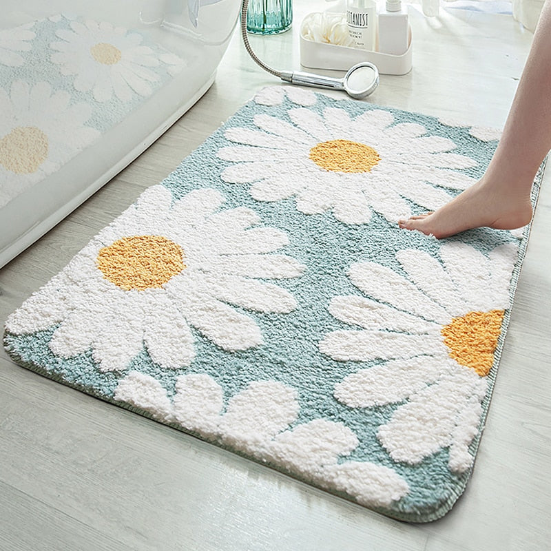 rectangle polyester water absorbent white daisy powder blue bath mat