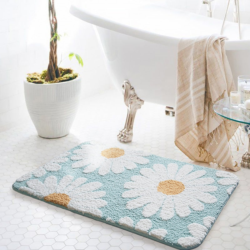 rectangle polyester water absorbent white daisy powder blue bath mat