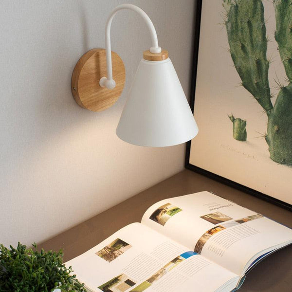 wooden iron cone lampshade white wall lamp