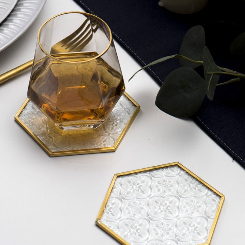 Embossed Glass. Gold Framed Coasters