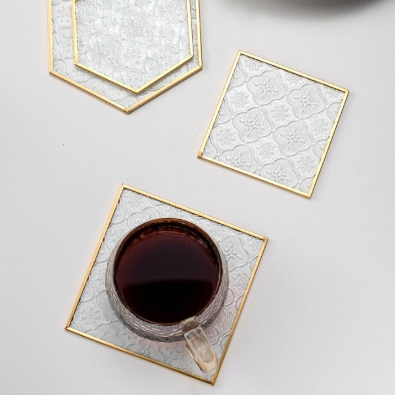 Embossed Glass. Gold Framed Coasters