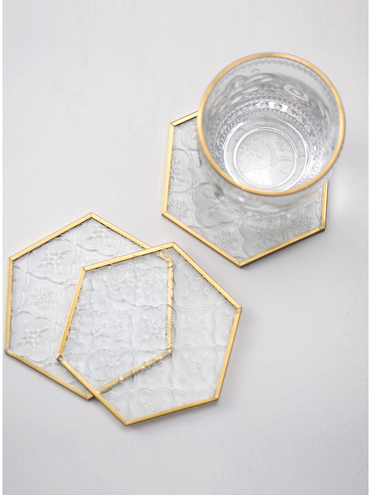 Embossed Glass. Gold Framed Coasters