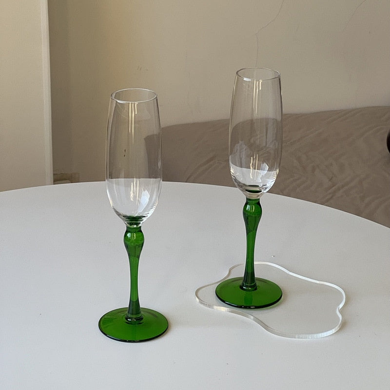 Glass Elegant Black/Green Wine and Flute Glass 