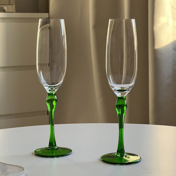 Glass Elegant Black/Green Wine and Flute Glass 