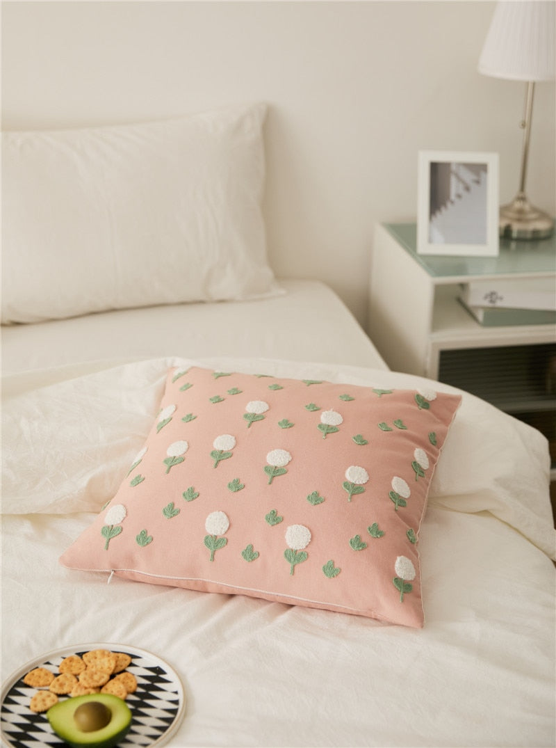 Square Cotton Embroidered Floral Pattern Pillow Cover Pink