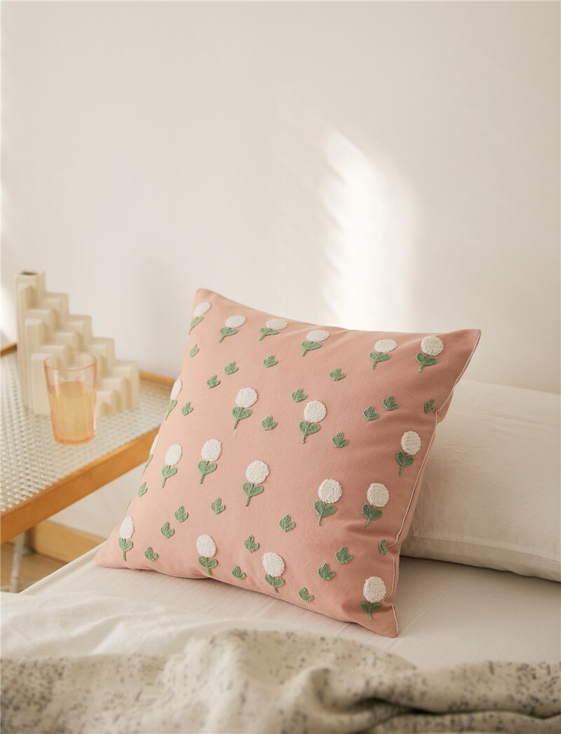 Square Cotton Embroidered Floral Pattern Pillow Cover Pink